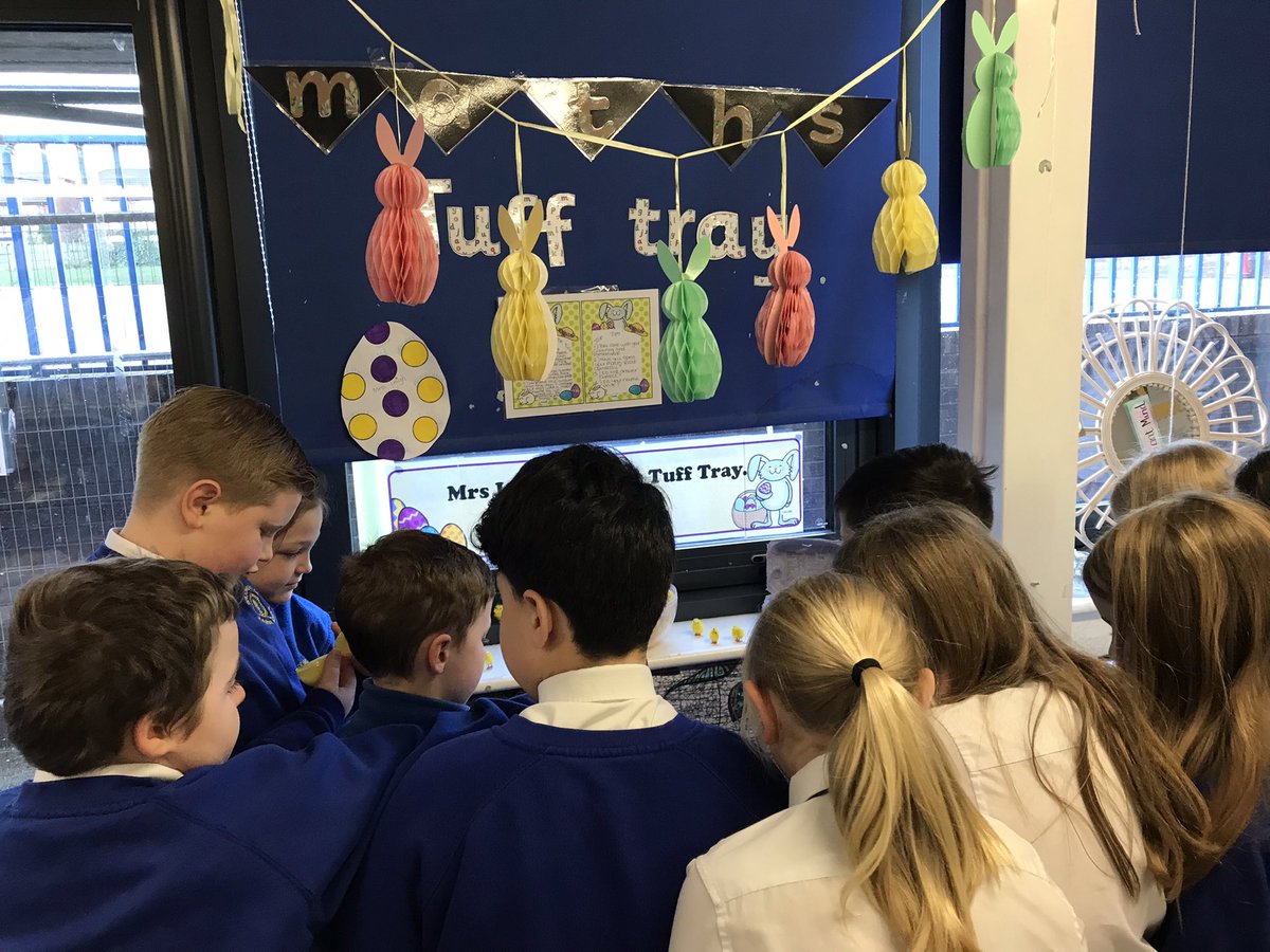 BroomfieldsJnr's tweet photo. Who said #tufftrays were for KS1?🤷♀️ We love ours in 4LJ. In fact, the Easter theme is going down a storm! There were queues .😂 In each chick there’s a maths question to answer, design a mathematical themed egg & share your answers!😀.#broomfieldsmaths #Tcatprimarymaths https://t.co/5hx11WOdsL