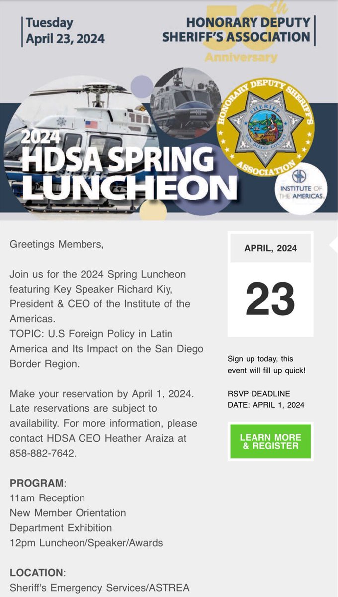 Addressing the topic of U.S. Foreign Policy in #LatinAmerica and Its Impact on the #SanDiego #Border Region, our CEO, @kiy_richard, will be speaking at the Honorary Deputy Sheriff’s Association luncheon for its members. Stay tuned for the post-event takeaways!