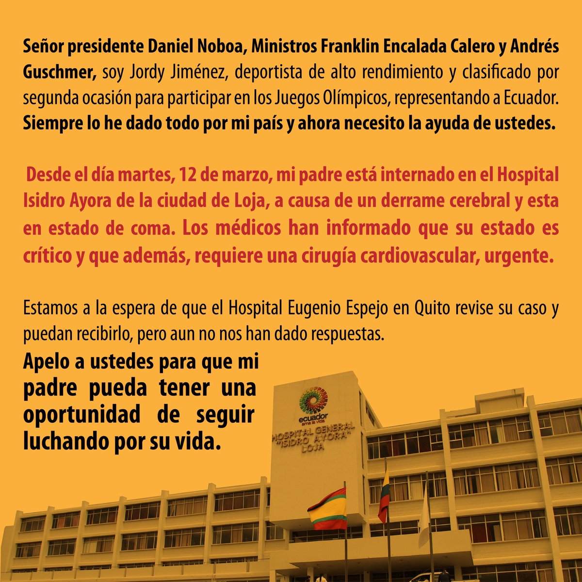 Jordy Jiménez Arrobo (@jordy_rafa94) on Twitter photo Ayúdenme a difundir para que llegue a las autoridades nacionales Presidente <a href="/DanielNoboaOk/">Daniel Noboa Azin</a> , <a href="/DrFEncaladaC/">Dr. Franklin Encalada Calero</a> <a href="/aguschmer/">Andrés Guschmer Tamariz</a> .
Muchas gracias! Ayúdenme a difundir para que llegue a las autoridades nacionales Presidente <a href="/DanielNoboaOk/">Daniel Noboa Azin</a> , <a href="/DrFEncaladaC/">Dr. Franklin Encalada Calero</a> <a href="/aguschmer/">Andrés Guschmer Tamariz</a> .
Muchas gracias!