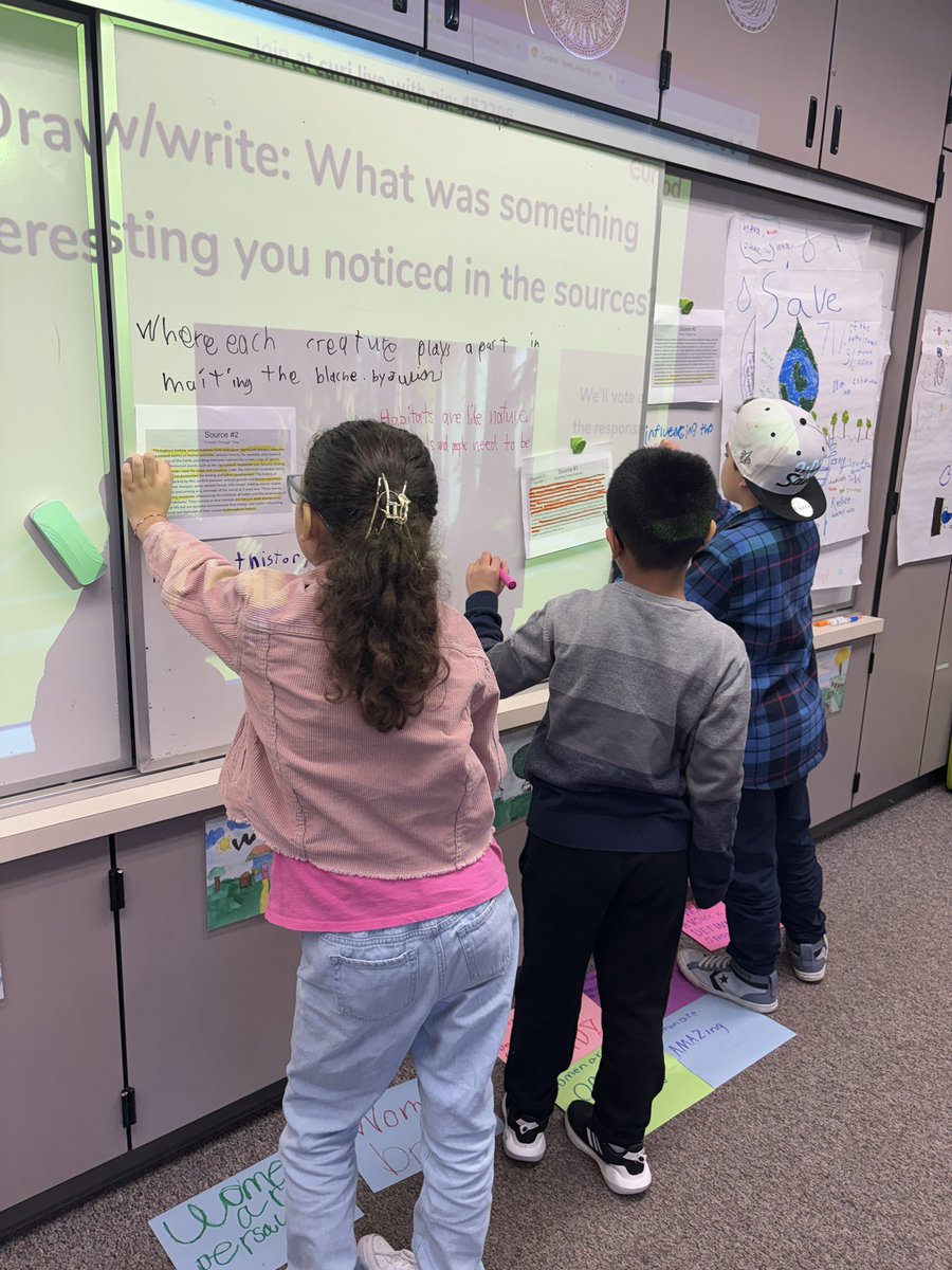 Whole body learning = everybody thinking & adding their voice. I wish I’d had school like this growing up. Here students have read 3 sources, highlighted the most interesting parts, & are adding the most important to our collaboration board. Now to write!