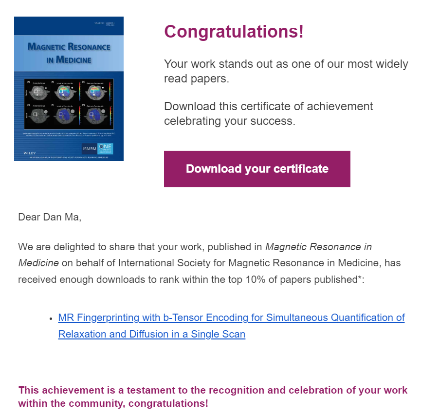 Our MRF with b-Tensor encoding for simultaneous quantification of relaxation and diffusion paper ranks the top 10% paper downloads in MRM🎆 also my first diffusion paper with the amazing collaborators @Dee_Kay_Jay @mrym_afzali @SpiralsRule