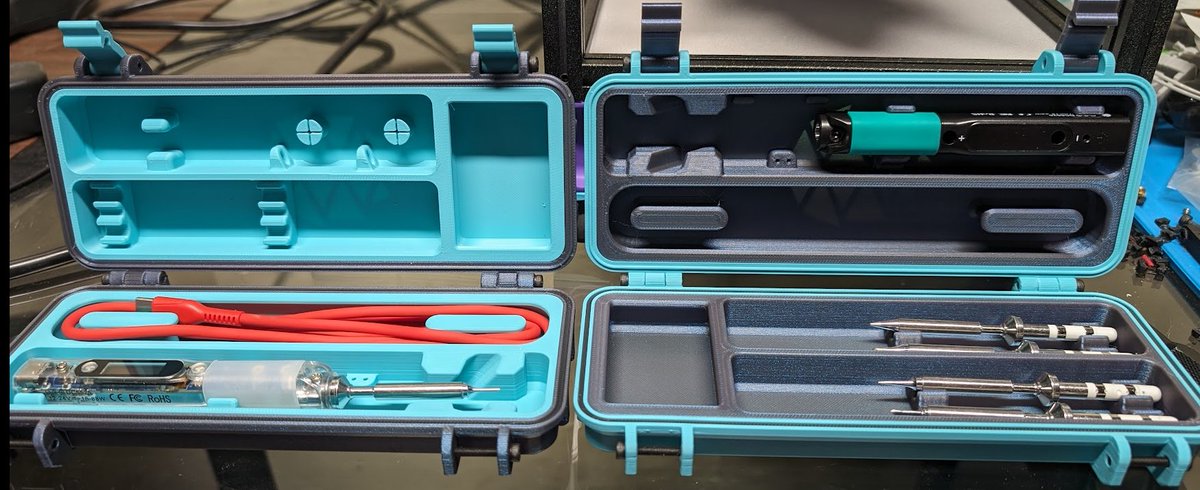 lindsjer's tweet photo. Printed a couple of cases  for my Pinecil @thepine64  this weekend.

Model by PjotrSrog: https://t.co/F54V5OzQ8w

Filament: @Polymaker_3D Teal and Starlight Twilight PLA. (latches were briefly PolyMaker Metallic Magenta) https://t.co/z6nfqdr4og