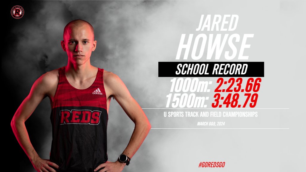 ⚫️NEW RECORD🔴
Jared Howse had an outstanding U SPORTS Track and Field Championships 2 weeks ago - breaking the school record in both the 1000m (2:23.66), and 1500m (3:48.79). On his way to running these times, he finished with a 🥉in the 1000m and 6th in the 1500m.
#goredsgo