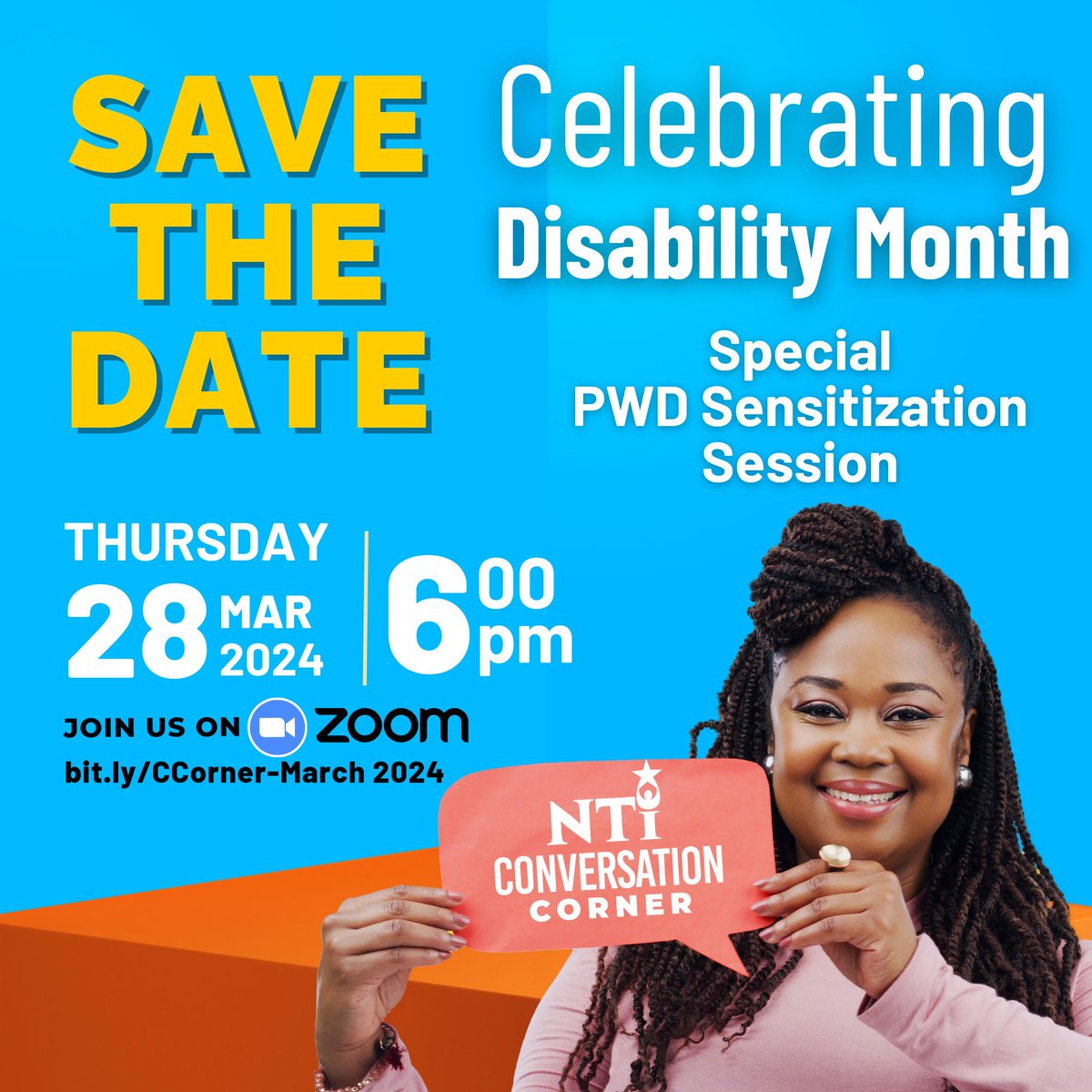 It's soon time for NTI's Conversation Corner!

Join us for our insightful session on Thursday March 28th at 6pm via the Zoom link in our bio!

We can't wait to see you then!

#NTI #ConversationCorner #PWD #PressForwardWithNTI
