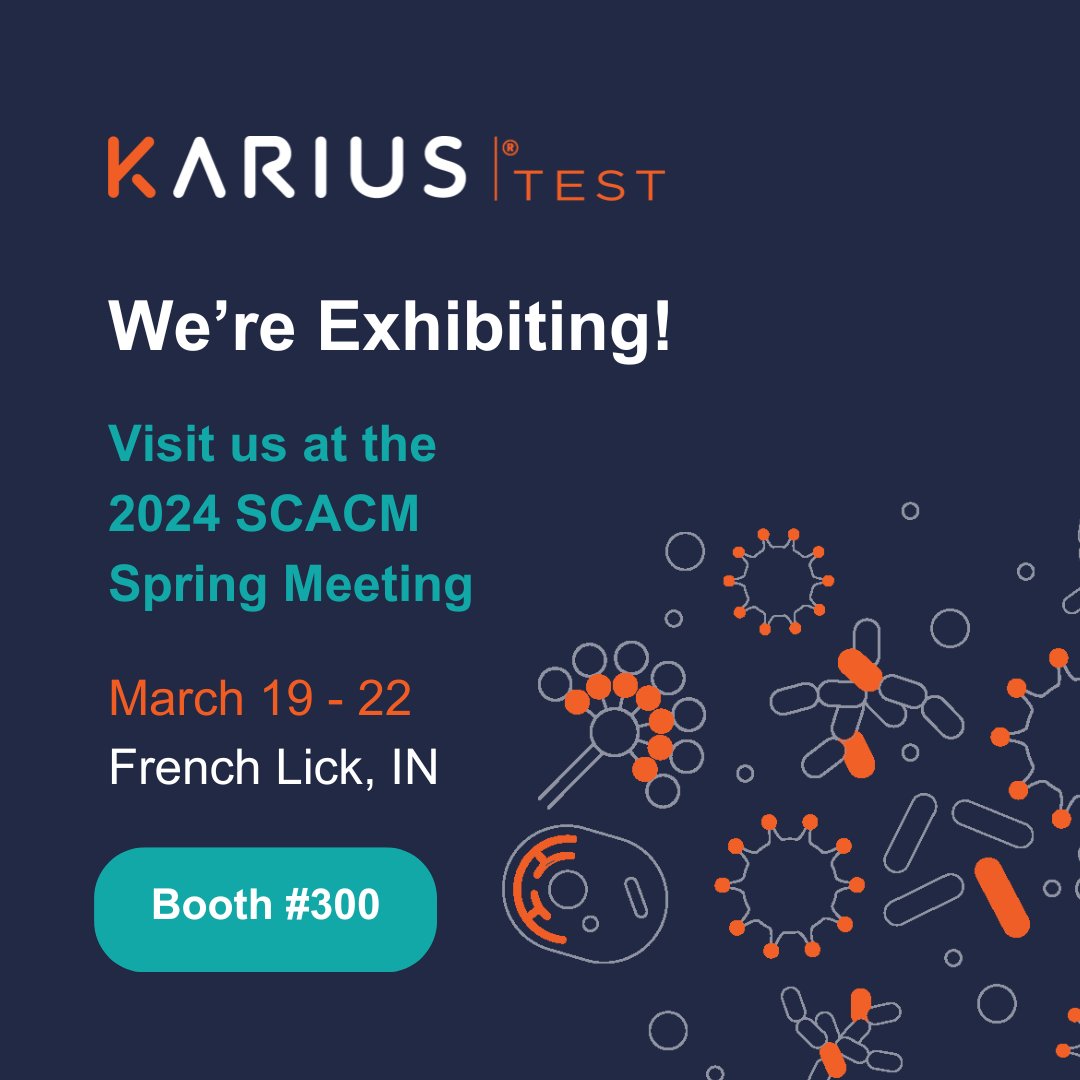 KariusInc's tweet image. Are you attending the 2024 SCACM Spring Meeting in French Lick, IN? If so, stop by booth #300 on exhibit days March 20 and 21 to learn more about the Karius Test and hear about our latest updates. We look forward to seeing you there!

#scacm #kariustest #lab