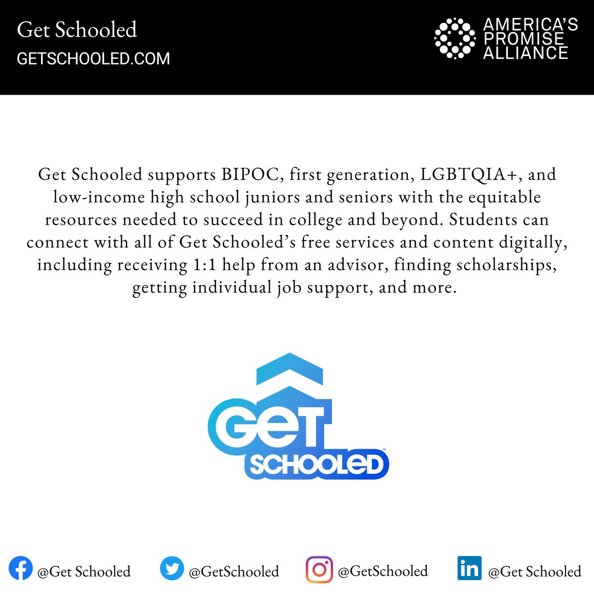 Welcoming, @GetSchooled to the Alliance! Get Schooled Advances educational equity by connecting high school juniors and seniors with the knowledge and support needed to succeed in postsecondary education and their first jobs. Learn more: bit.ly/3vkjzMk