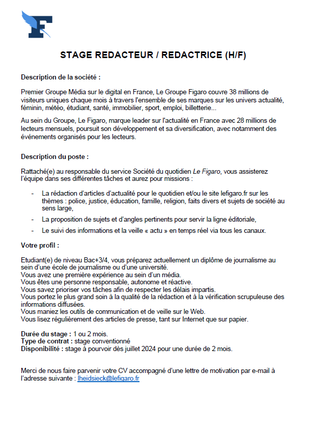 [OFFRE DE STAGE] Nous recherchons des stagiaires en juillet/août pour les pages Société du <a href="/Le_Figaro/">Le Figaro</a> . Plus d'informations dans l'offre ci dessous📷 -> Pour postuler : lheidiseck@lefigaro.fr