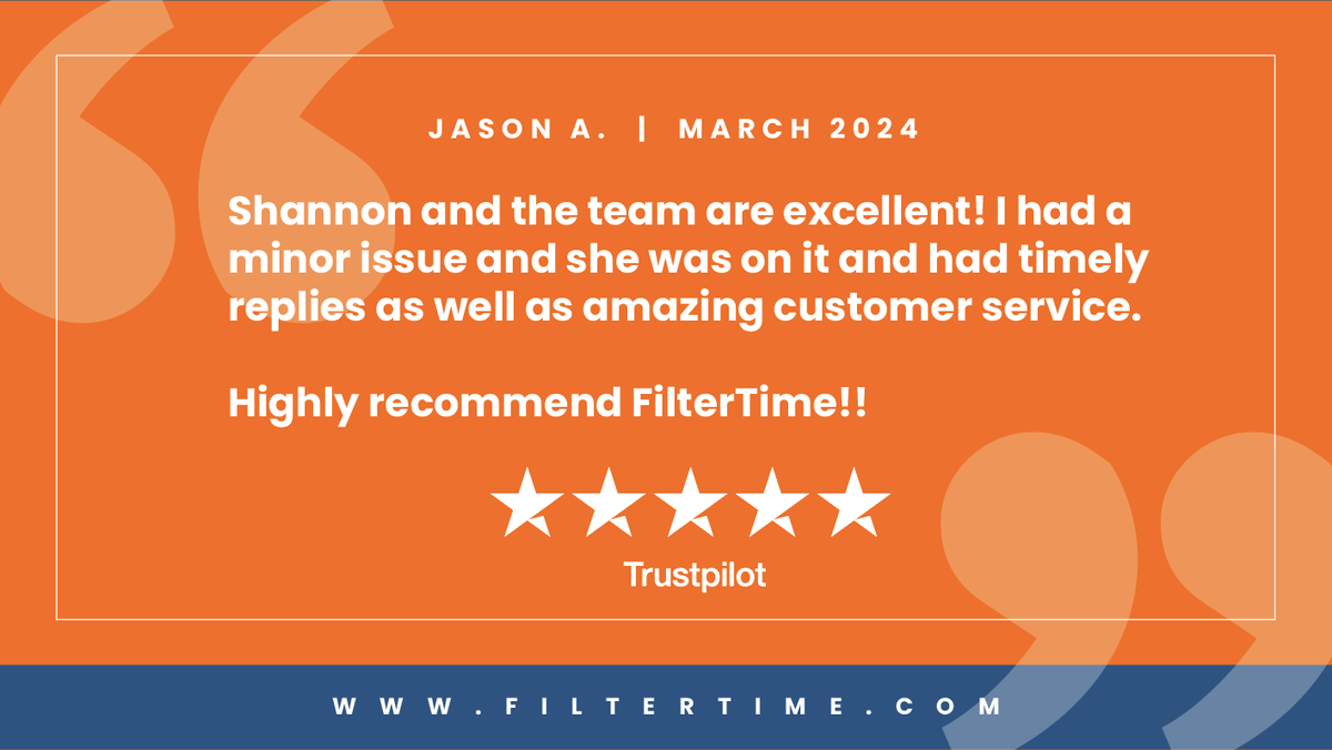 FilterTime's tweet photo. We are thrilled to receive such positive feedback from Jason A.! Don't miss out on the convenience and quality of our air filters - subscribe now: https://t.co/cWorI4gkgT
#CustomerSatisfaction #FilterTime #5StarReview 🌟🌟🌟🌟🌟 https://t.co/e0fE9FrBxT