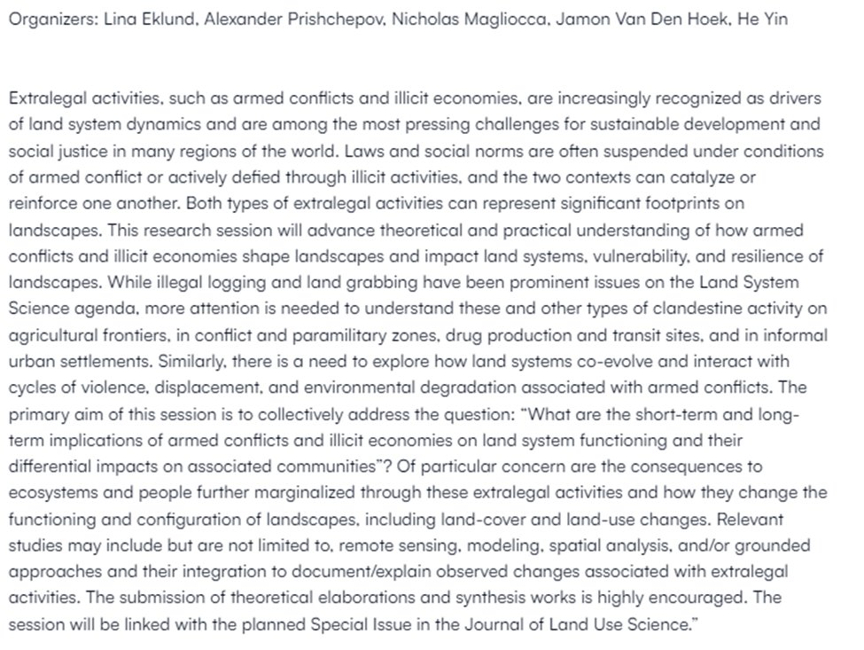 A session on Extralegal land uses: Impacts of armed conflicts and illicit land uses on landscapes (122R) 5th @GlobalLandP OSM: Nov 4-8, 2024 #Oaxaca, Mexico! Submit your abstract DL: March 20! @eklund_lina @prial78 @nickmags13 @hyinhe  upcoming SI in JLUS bit.ly/3TI1JMu