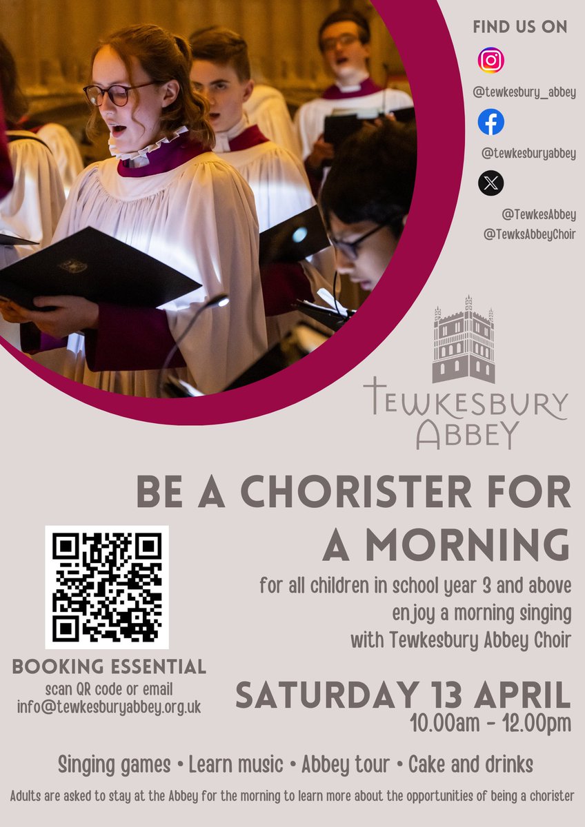 Looking forward to meeting potential new choristers at this Be A Chorister event. If you know of any children who would be interested in singing in @TewkesAbbey, please pass this on. A great opportunity to learn with professional musicians and make new friends. @GlosDioc