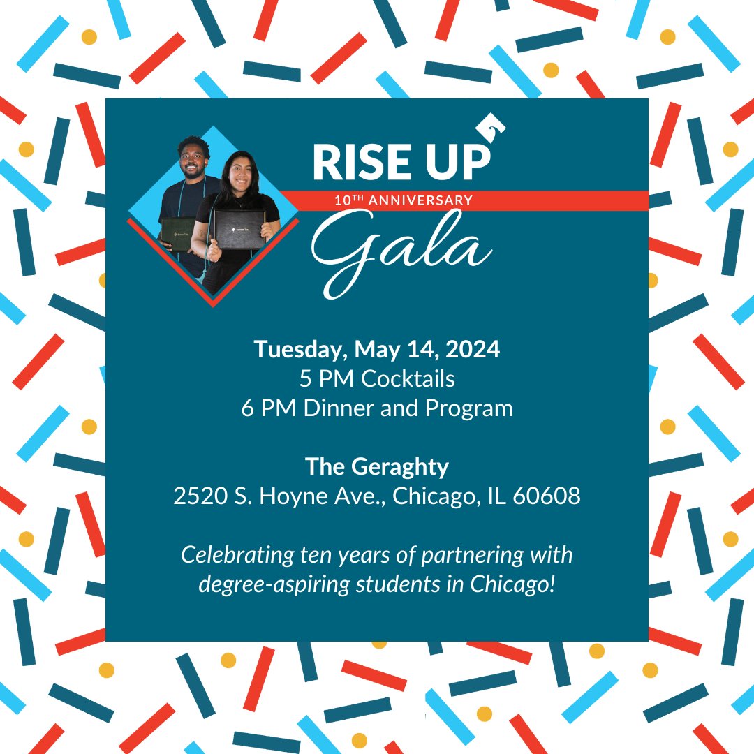 Celebrate 10 years of partnering with Chicago's degree-aspiring students! 🎉 Join us on May 14 to honor our achievements, recognize supporters, and highlight the outstanding stories of our students. Early bird tickets at $250 until March 22. Get yours now: bit.ly/ChiRiseUp2024