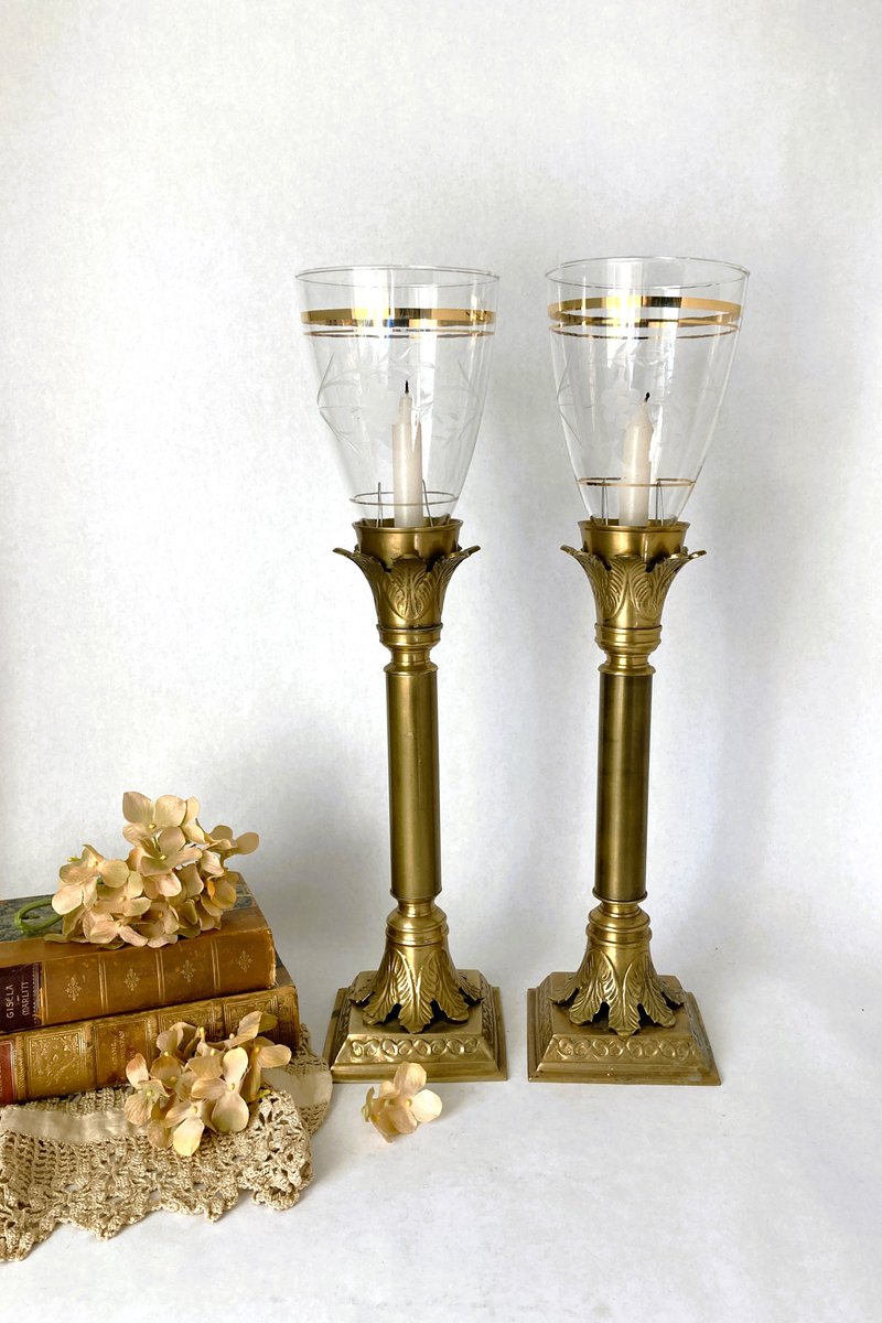 Vintage Heavy Brass Acanthus Leaf Candleholders with Etched Gold-Banded Globes a Pair vintage-keepers.com/product/vintag…