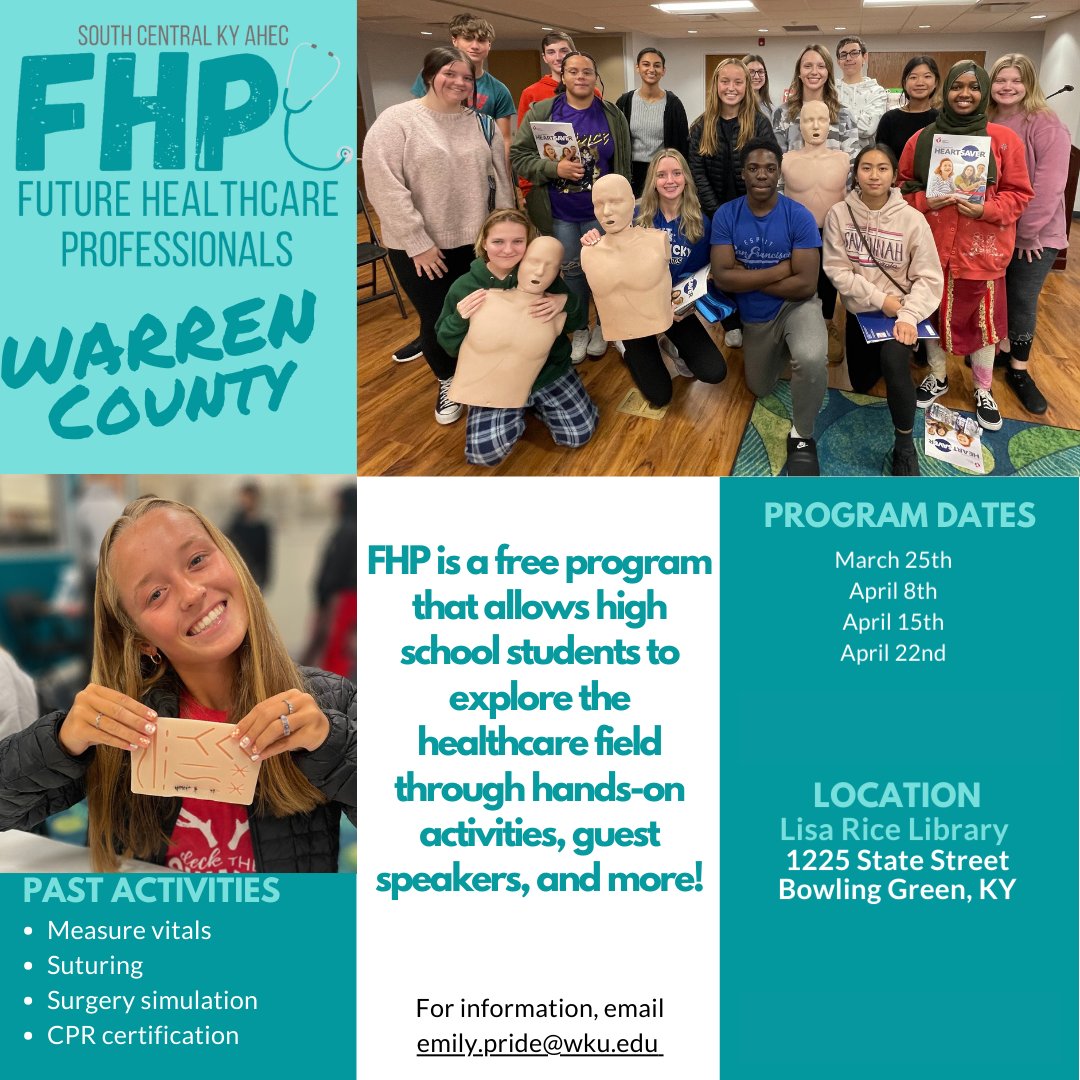 If you have a teen interested in a career in health care, check out this opportunity provided in partnership with WKU! The next meeting of Future Healthcare Professionals will be 3/25 at 5:30 p.m. The series meets weekly through 4/22. Email emily.pride@wku.edu for more info!