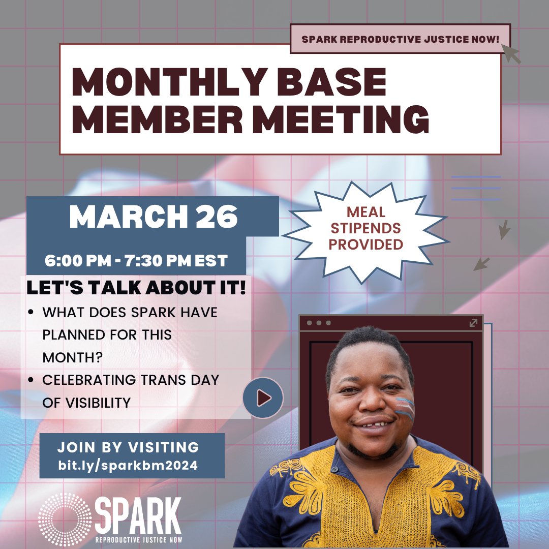 Our Base Member Meeting is 1 Week Away! This month we'll be celebrating Trans Day of Visibility 🏳️‍⚧️‍🏳️‍⚧️ March 26th, 2024 Base Member Meeting 03.26.24 @ 6PM EST Join via bit.ly/sparkbm2024