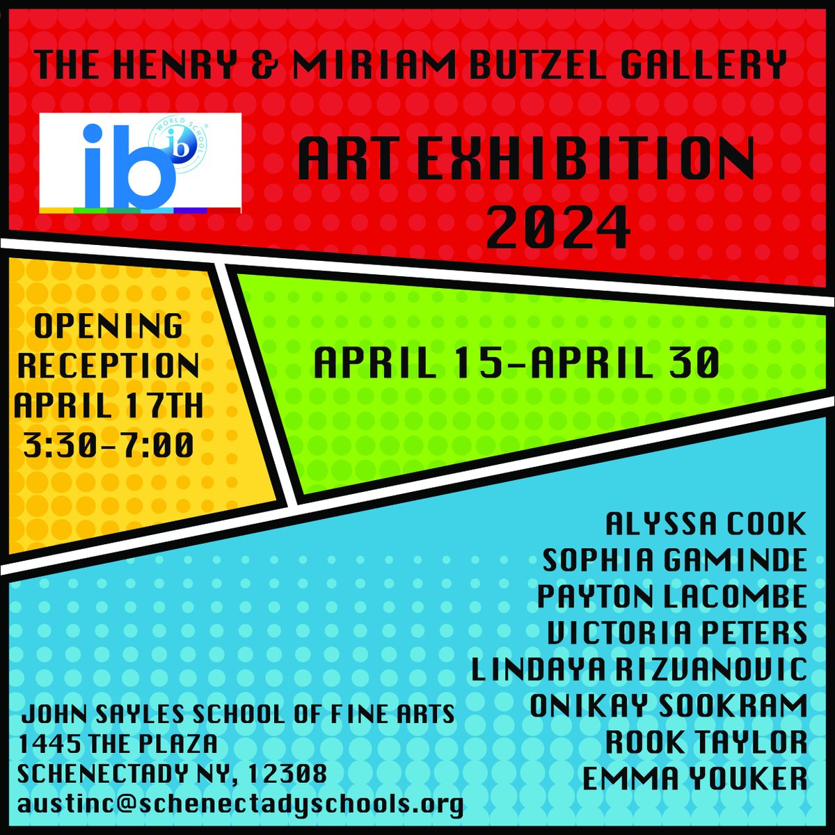 schenectadyvpa's tweet image. The Henry &amp;amp; Miriam Butzel Gallery is excited to announce the fifth art show of the 2023-2024 school year: IB Art Exhibition 2024. The show will be up from April 15 - April 30, at The Henry &amp;amp; Miriam Butzel Gallery. An opening reception will be held on April 17 from 3:30- 7:00 PM.