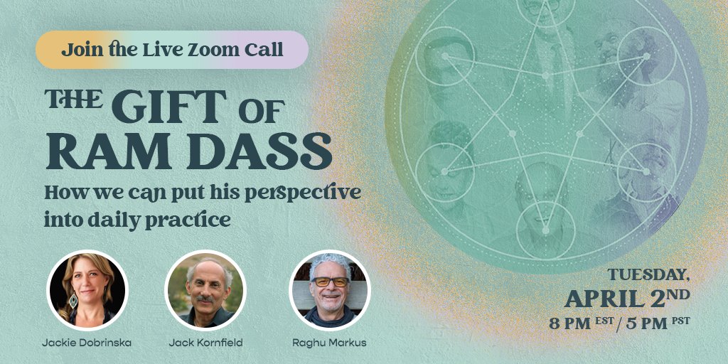 You're Invited! Join Jack Kornfield, Raghu Markus, and Jackie Dobrinksa on Tuesday, April 2nd at 8pm ET / 5pm PT, for The Gift of Ram Dass, a free virtual gathering honoring Ram Dass’ life and teachings. ➡️ ramdass.org/reimagined/ #ramdass #free #zoomcall #youtube #meditation
