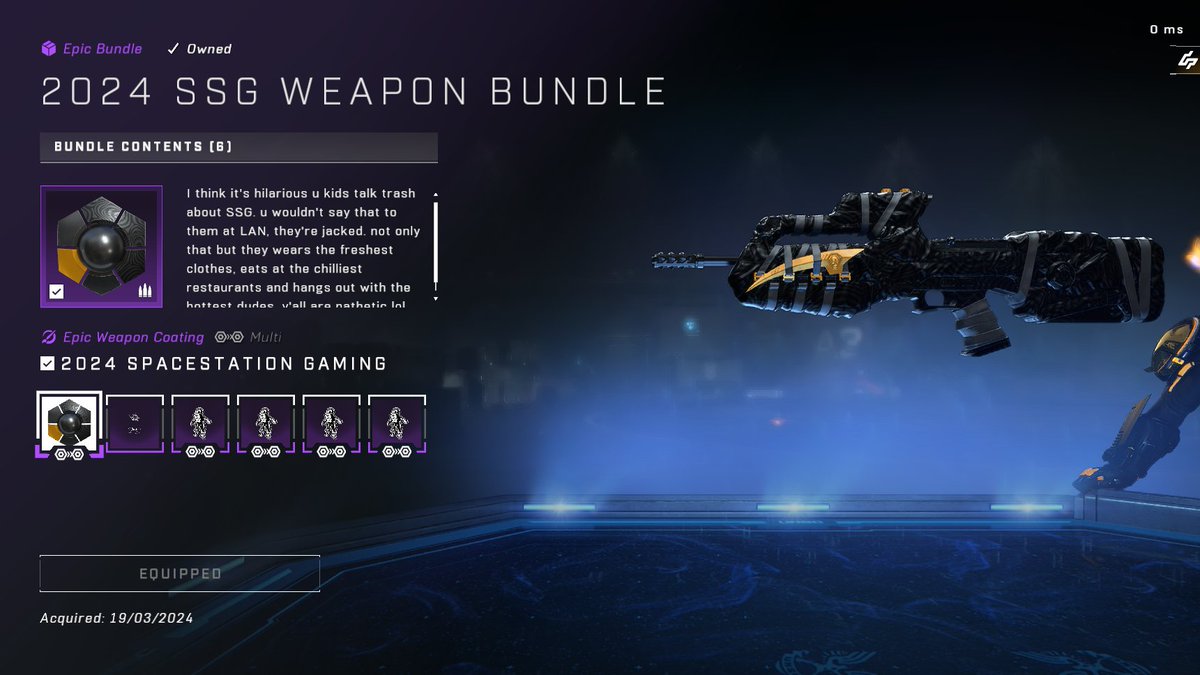iSpiteful's tweet photo. The legends over at @Spacestation hooked me up with their brand new '2024 SSG Weapon Bundle' in Halo Infinite. Thank you 💛🥹

They also kindly gave me 4 extra codes. Join me on my stream today at 9PM GMT where I will be giving them away to viewers in the chat! 🤝

See you soon! 🔥