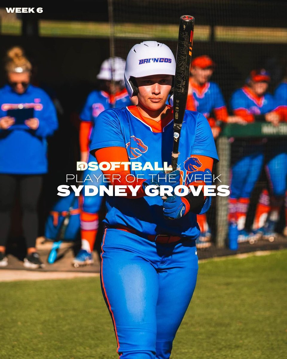 Player of the Week: Sydney Groves, Boise State

Groves batted 6-15 on the weekend, scoring six runs and driving in 14 through the course of the weekend.

<a href="/BroncoSportsSB/">Boise State Softball</a> x <a href="/grovesyy00/">Sydney Groves</a>

🔗 d1softball.com/weekly-award-w…