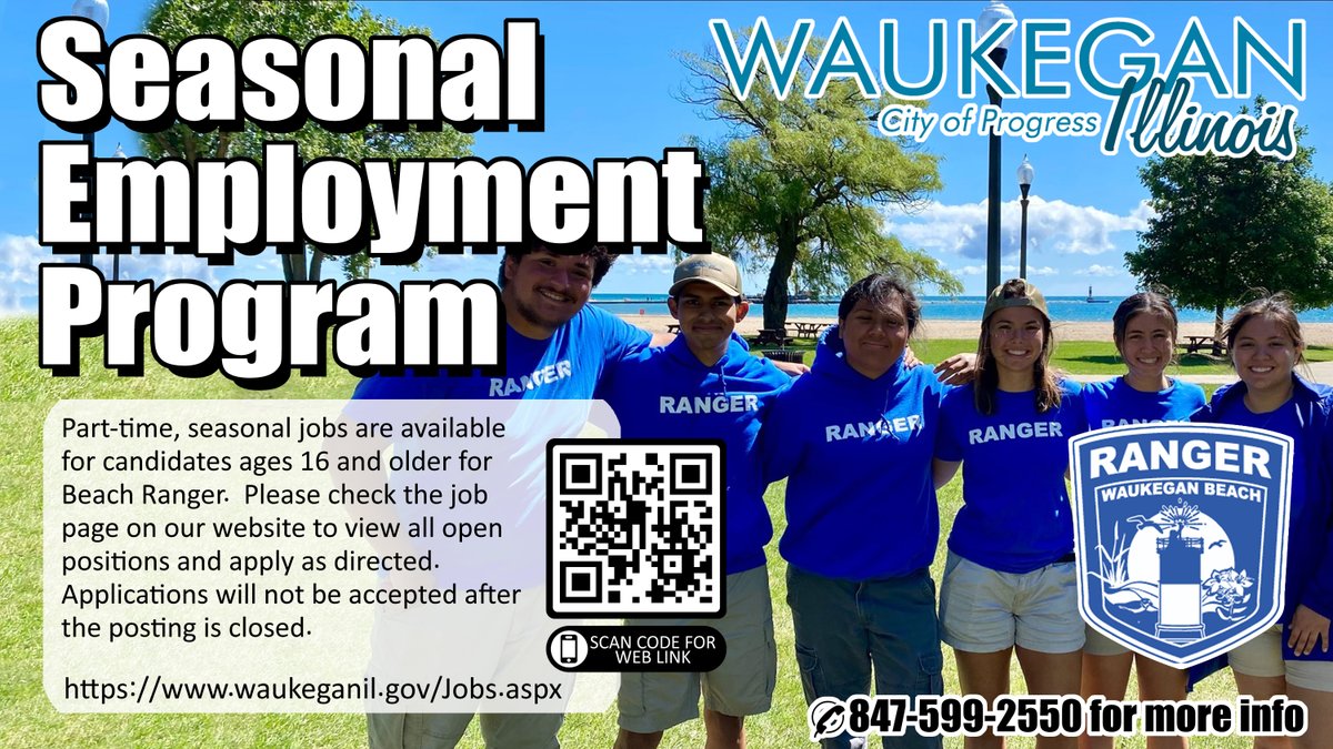 #explorewaukegan - The City of Waukegan is seeking candidates to serve as beach rangers at the Waukegan Municipal Beach and maintenance workers at Waukegan Public Works. Please visit our Job Opportunities page for more information: waukeganil.gov/jobs.aspx