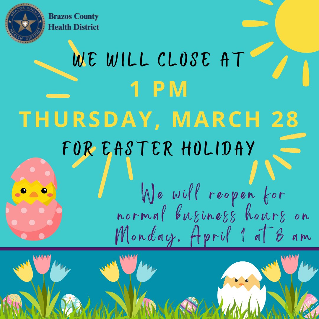 We will close today at 1 pm for Good Friday and Easter holiday.  We will resume normal business hours on Monday, April 1 at 8 am.