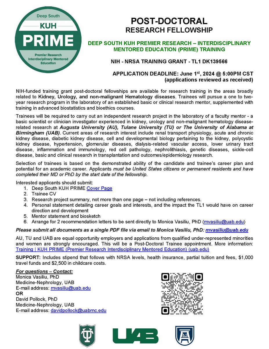 Deep South KUH PRIME - Post-doctoral Research Fellowships @KUHPRIME in Kidney, Urology, and non-malignant Hematology diseases at Augusta University, Tulane University or UAB. Applications reviewed as received. sites.uab.edu/kuhprime/post-… @davidpollock929 @ogutierrez136 @DrTimmyLee1