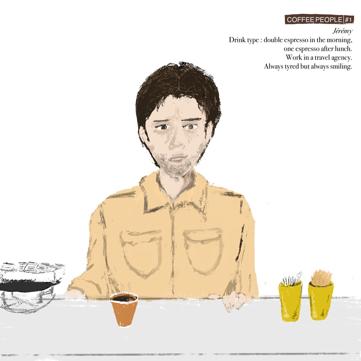 Trabajando como Barista me di cuenta que la gente suele tener perfiles específicos según la bebida que piden. Como la milenial en sus 30 que pide latte de avena o el boomer francés que pide espressos y le pone azúcar. Esto me motivó a dibujarlos. Hoy empezamos con Jérémy. #comic