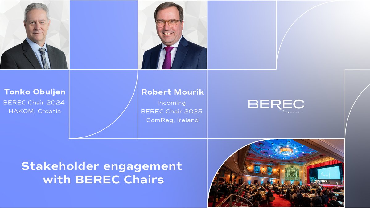 🚀 Engage with #BEREC's Chair @TonkoObuljen (@HAKOMsluzbeni) & incoming Chair 2025 Robert Mourik (@comreg). ⁉️ Ask them your questions upon registration & start the conversation! Join us at #BSF12 in Brussels, 26 March: berec-stakeholder-forum.eu/agenda#confere… #empoweringEUconnectivity