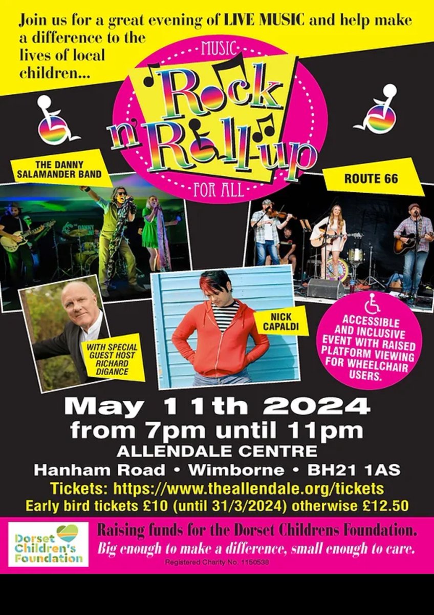 Rock n Roll Up Saturday 11th May, 7pm theallendale.org/tickets Raising funds for Dorset Children's Foundation with a great evening of live music. With Nick Capaldi and special guest host Richard Digance. #livemusic #fundraiser #wimborne #dorset #rocknroll #accessibility