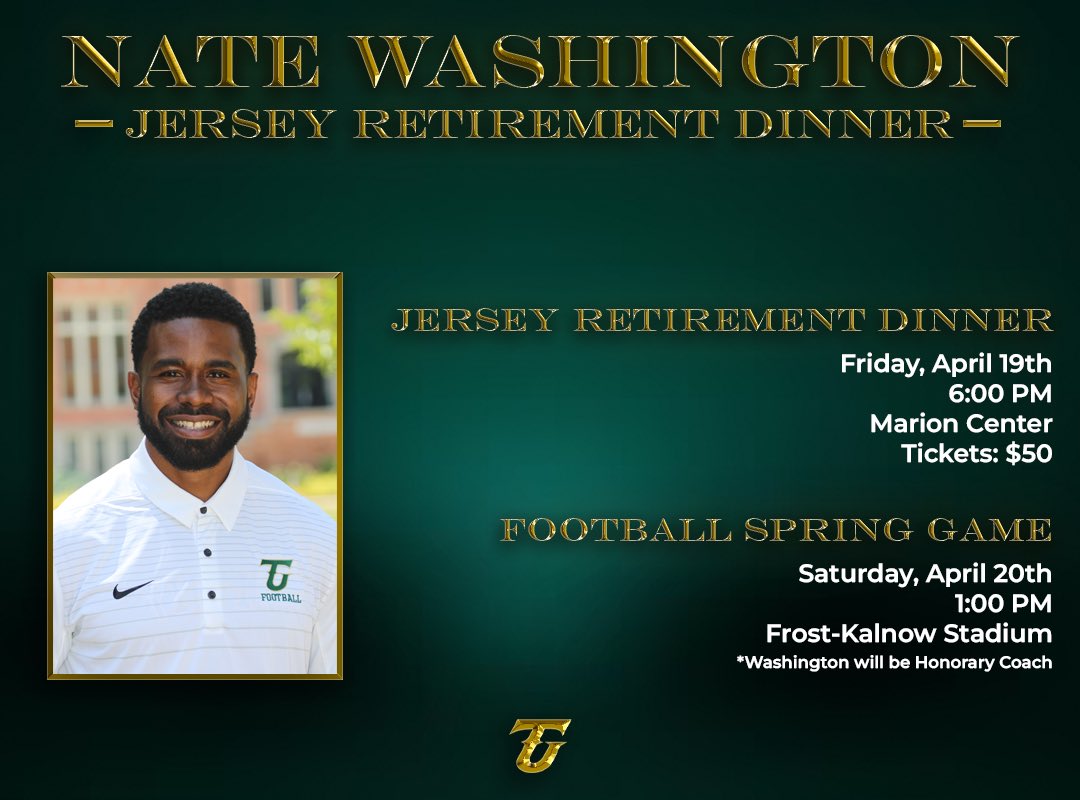 Tiffin University is hosting a jersey retirement dinner ceremony on April 19th for football Hall of Famer Nate Washington! Washington will also be an honorary coach at Tiffin’s Spring Football game the following day. gotiffindragons.com/sports/2023/12…