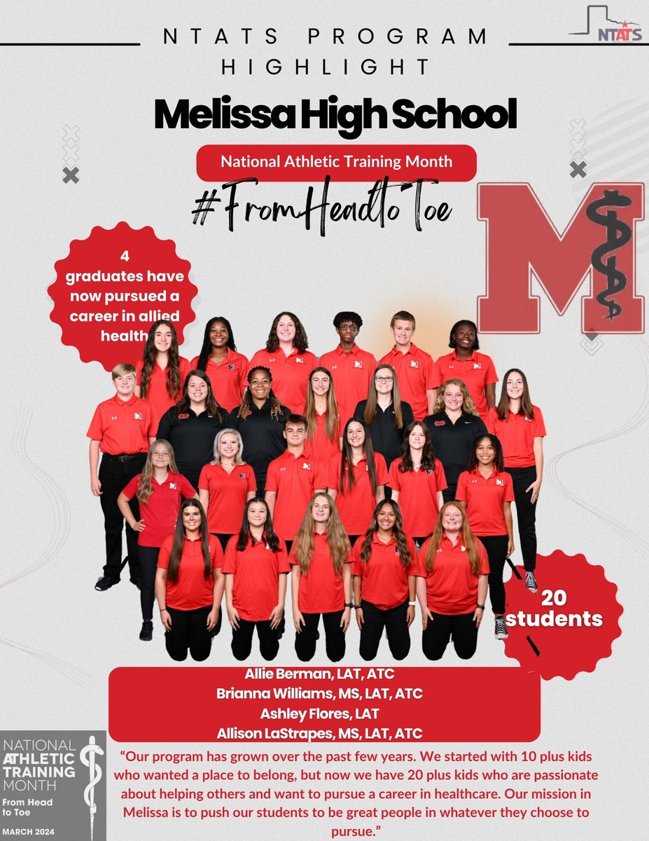 Day 24 of NATM: Today we recognize <a href="/MelissaHS_AT/">Melissa HS Athletic Training</a> This group led by fearless females are proud of how much growth they've had providing a safe space for students to belong and grow in their knowledge of sports medicine!