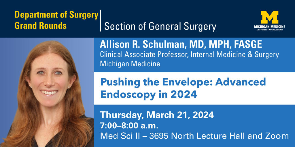 Michigan Surgery (@umichsurgery) on Twitter photo On Thursdays—or at least this Thursday—we learn bout advanced endoscopy.
Join us for Grand Rounds with <a href="/allie_schulman/">Allison Schulman MD, MPH</a> on March 21 to hear from her on pushing the envelope in the specialty. On Thursdays—or at least this Thursday—we learn bout advanced endoscopy.
Join us for Grand Rounds with <a href="/allie_schulman/">Allison Schulman MD, MPH</a> on March 21 to hear from her on pushing the envelope in the specialty.