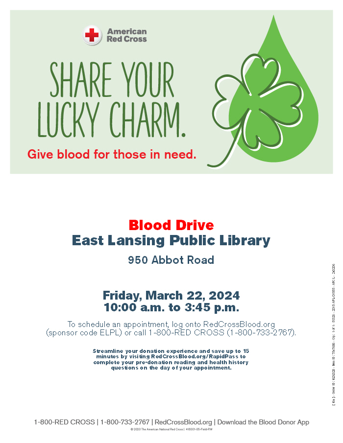 We need your help saving lives!! Come give this Friday <a href="/elplibrary/">East Lansing Public Library</a> for $10 e-gift card for pet supplies and chance at $3K gift card and a FREE t-shirt! #savelives #donateblood