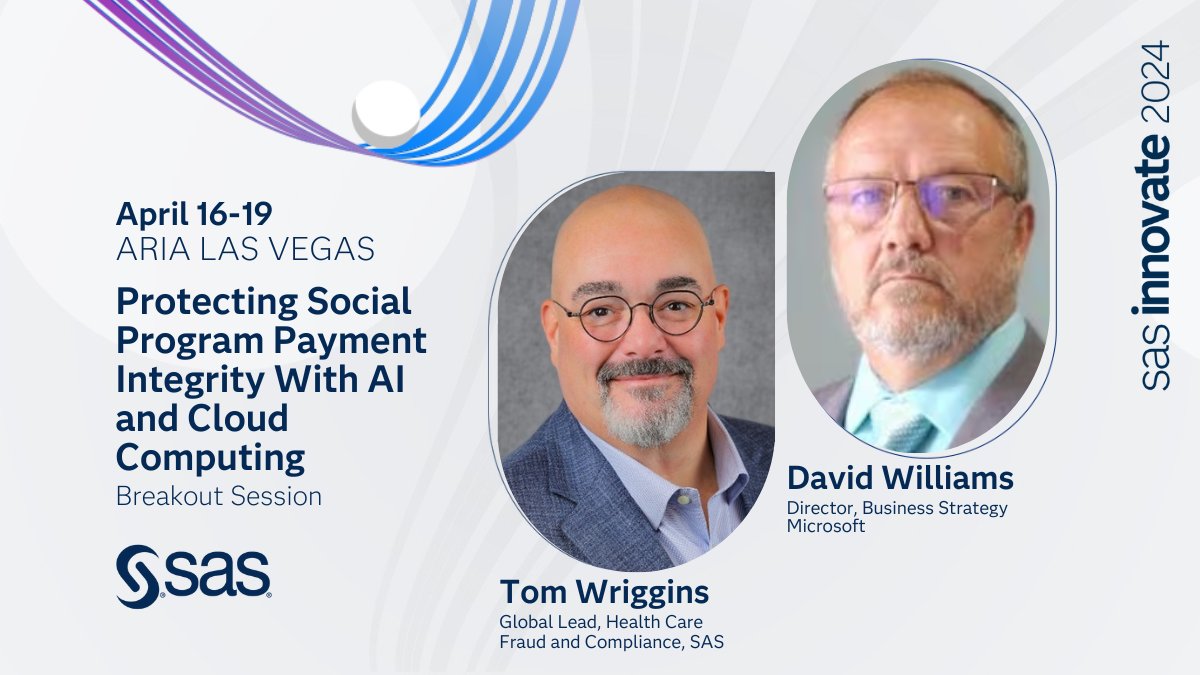 JohnMaynardCPA (@johnmaynardcpa) on Twitter photo My SAS colleague and friend <a href="/TomWriggins/">Tom Wriggins</a> on evolving tactics used to compromise benefit programs & introduce you to the technology created by the partnership between the SAS and #Microsoft Azure. #SASInnovate #paymentintegrity #AI
Register Today: 2.sas.com/6017ksF33 My SAS colleague and friend <a href="/TomWriggins/">Tom Wriggins</a> on evolving tactics used to compromise benefit programs & introduce you to the technology created by the partnership between the SAS and #Microsoft Azure. #SASInnovate #paymentintegrity #AI
Register Today: 2.sas.com/6017ksF33