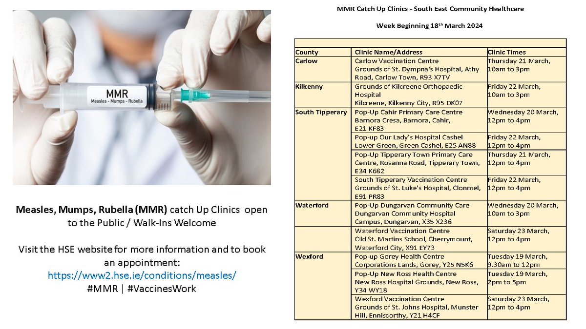 Measles, Mumps, Rubella (MMR) catch Up Clinics open to the Public / Walk-Ins Welcome Visit the HSE website for more information and to book an appointment: www2.hse.ie/conditions/mea… #MMR | #vaccineswork