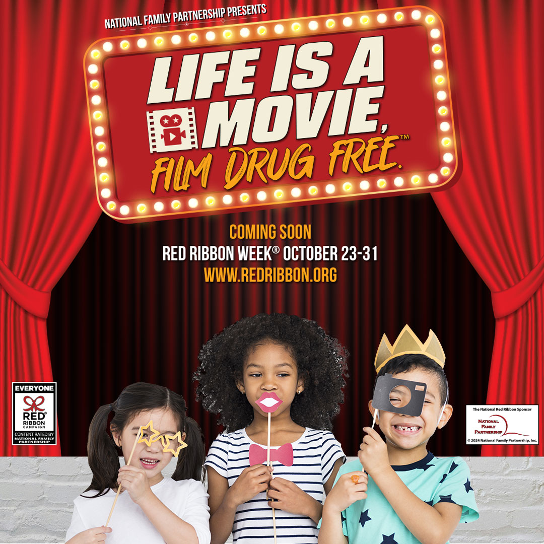 Lights, camera, action! Join in the excitement of Red Ribbon Week with this vibrant photo booth backdrop showcasing the 2024 National Red Ribbon Week Theme: Life Is A Movie, Film Drug Free™. Click here to order now: nimcoinc.com/product/2024-r… #redribbonweek #drugprevention