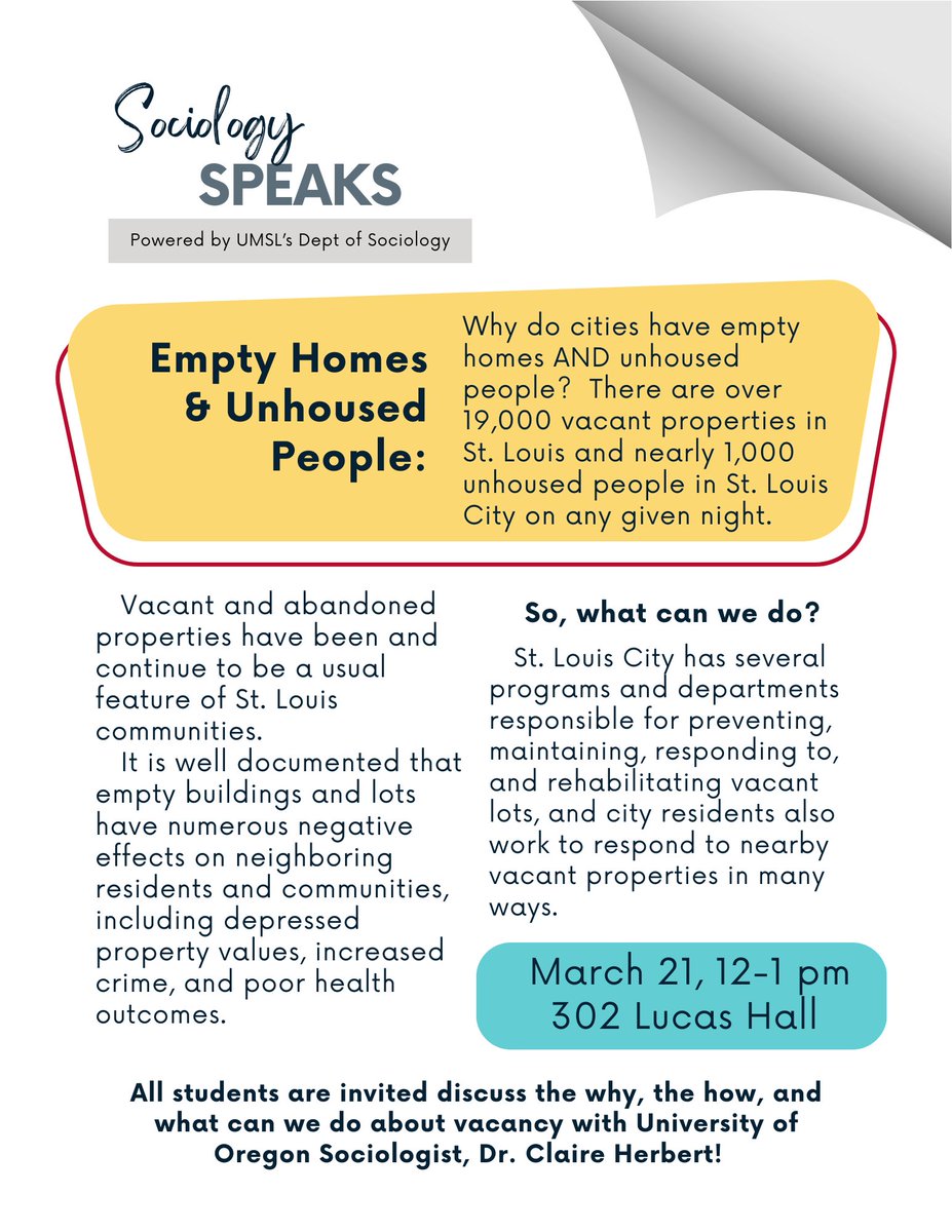 Hey, students! Join us this Thursday at 12pm in 302 Lucas Hall for a chat on how to tackle vacancy with University of Oregon Sociologist, Claire Herbert! Dr. Herbert will also be hosting a public talk later that afternoon (3:30pm @ Delmar Divine). Hope to see you there!