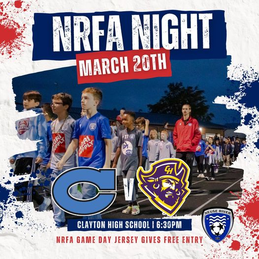 YOU'RE INVITED! Calling all NRFA Classic, Youth Academy, and Recreation Players, Coaches, Staff, and Families!

Come dressed in your NRFA uniform for FREE ADMISSION to an early conference Varsity Girls matchup between Clayton High School and Corinth Holders High School!