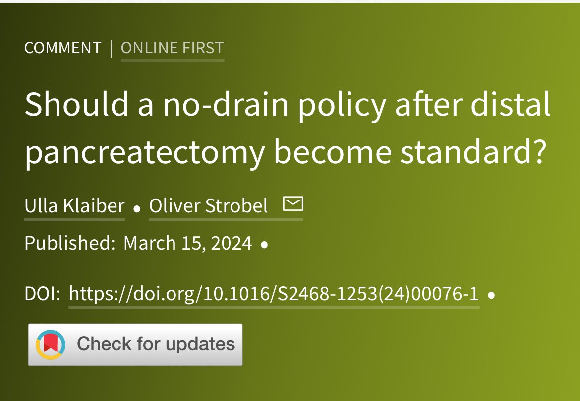 The Lancet Gastroenterology & Hepatology (@lancetgastrohep) on Twitter photo Linked Comment - Klaiber & Strobel - Should a no-drain policy after distal pancreatectomy become standard?
thelancet.com/journals/langa…
#GITwitter #SoMe4HPB <a href="/UllaKlaiber/">Ulla Klaiber</a> <a href="/OliverStrobel/">Oliver Strobel</a> Linked Comment - Klaiber & Strobel - Should a no-drain policy after distal pancreatectomy become standard?
thelancet.com/journals/langa…
#GITwitter #SoMe4HPB <a href="/UllaKlaiber/">Ulla Klaiber</a> <a href="/OliverStrobel/">Oliver Strobel</a>