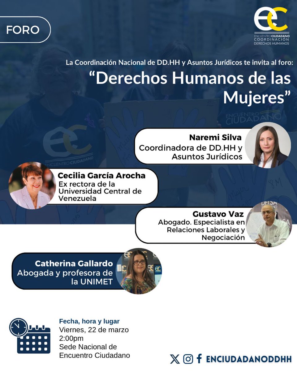La Coordinación Nacional de DD.HH y Asuntos Jurídicos en ocasión al día de la mujer,  el día 22 de marzo tendremos el foro “Derechos Humanos de las Mujeres”. 

#SinDiscriminacionAlguna