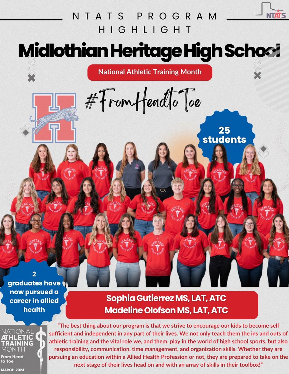 Day 25 of NATM: Today we highlight the Heritage Sports Medicine Program of Midlothian! This program prides themselves on teaching the ins and outs of athletic training, and all around work skills that they can add to their tool box of development! Thank you for all you do!!