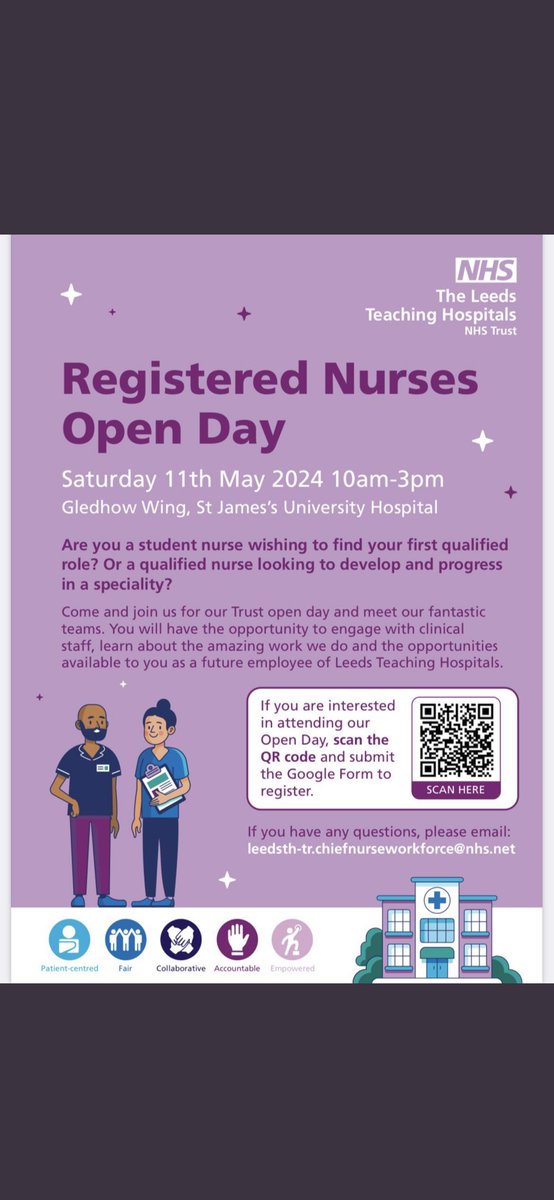 SAVE THE DATE 🤩
Registered Nurses open day! 
Are you a student who moved away and thinking about coming back to Leeds?
A student wanting to stay in Leeds?
Or an RN looking for a Trust with an enormous amount of opportunity and career development opportunities? 
Come say hi 👋🏼