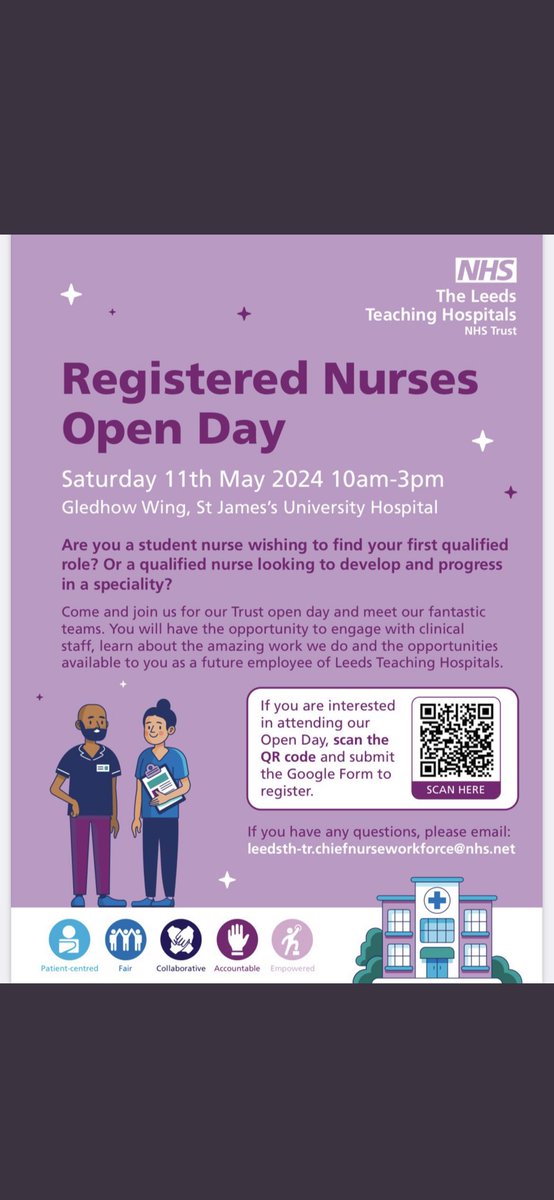 SAVE THE DATE 🤩 Registered Nurses open day! Are you a student who moved away and thinking about coming back to Leeds? A student wanting to stay in Leeds? Or an RN looking for a Trust with an enormous amount of opportunity and career development opportunities? Come say hi 👋🏼