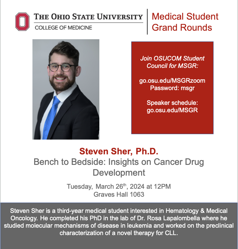 OSUCOMstuco's tweet photo. Join us on Tuesday, 3/26/24 at 12PM for this month's
@OhioStateMed and @OhioStateMSTP MSGR speaker,
@sherfire2  Steven Sher, Ph.D. (M3)!  

Register here:https://t.co/Z08nbH1ReZ https://t.co/2QmXNzGeG5