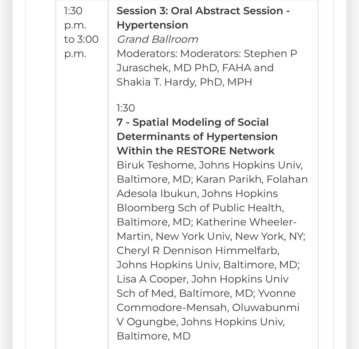 I look forward for Dr. Biruk Teshome’s presentation on Spatial Modeling of #SocialDeterminants of Hypertension Within the #RESTORENetwork. Great mentorship by @bunmiogungbe09 @JHUNursing @JohnsHopkinsSPH @AHAMeetings #EpiLifestyle24 @GbengaOgedegbe @tanya_spruill