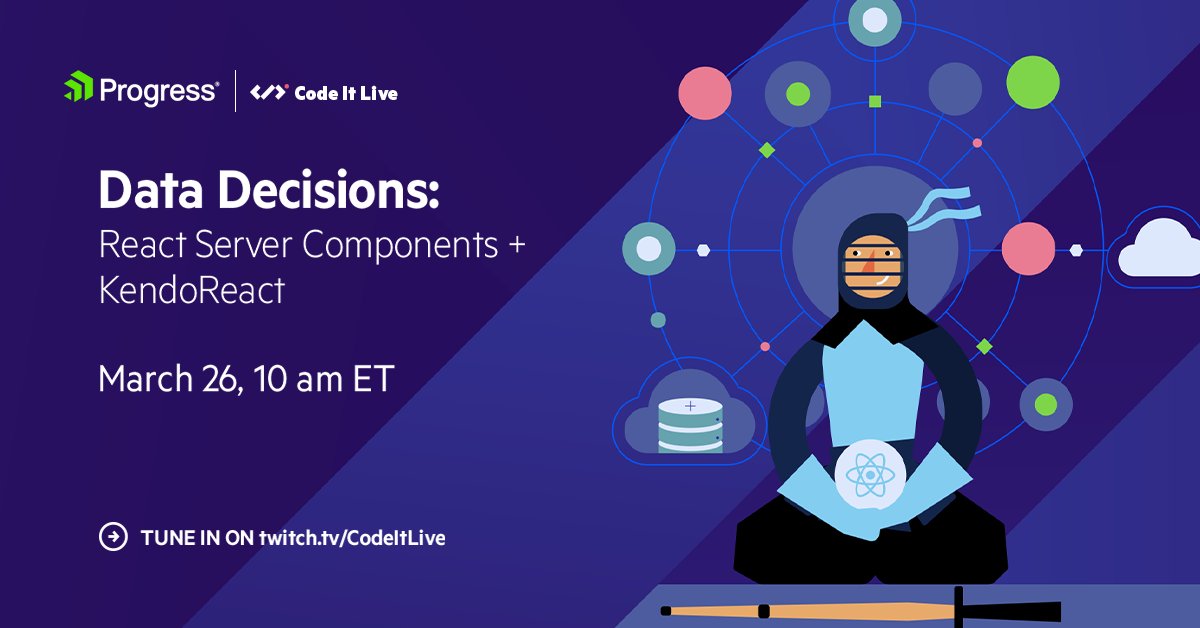 KendoUI's tweet photo. Are you hanging out on the sidelines of the React Server Components hype or are you an early adopter? 

Either way, this upcoming stream is for you - we'll do KendoReact demos, chat about pros &amp; cons &amp; answer questions. 

Catch us on March 26, live on https://t.co/dGsbtJA2Tr https://t.co/FcDjymjuJV