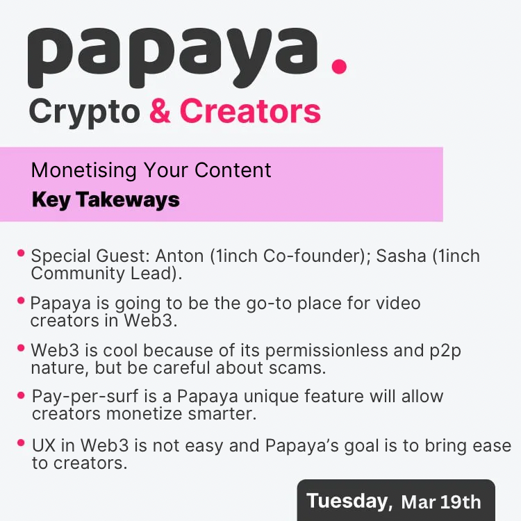 papaya_fi's tweet photo. 🌟 Hello Papaya family. ☺️ Here’s the key takeaways from our insightful #AMA with the @1inch core team. 

#Papaya #Creators #Web3 #SocialFi #ContentMonetisation https://t.co/GBRjU9HPRN
