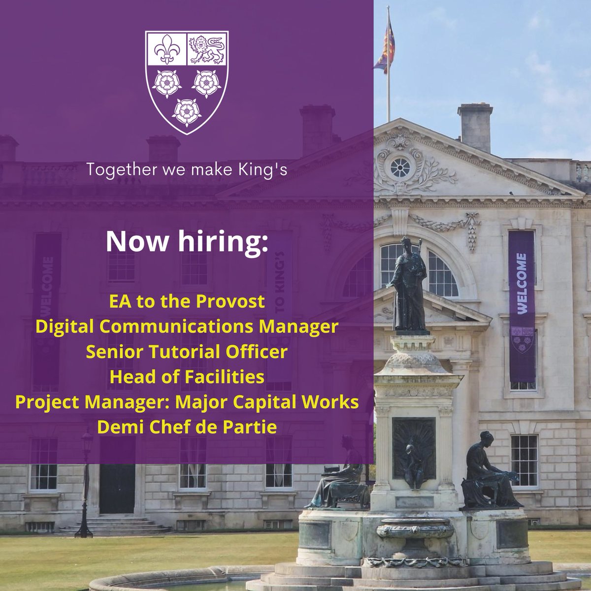 We are #hiring! 👇 Find out more about our current vacancies in various teams at kings.cam.ac.uk/about/work-at-… and join the College at this very exciting time. Together we make King's.