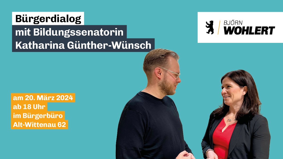 Bei unserem morgigen Bürgerdialog diskutieren wir über die Schulbauoffensive und den Kita-Ausbau sowie Maßnahmen gegen den Lehrkräfte- und Erziehermangel und aus dem Jugendgewaltgipfel. Herzliche Einladung an alle Bewohner in #Wittenau, #Tegel, #Waidmannslust und #Borsigwalde!