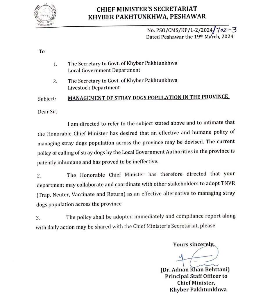 CM KP @AliAminKhanPTI imposes ban on culling of stray dogs. Instructions given to Livestock​ & @LGKPGovt to use TNVR instead.