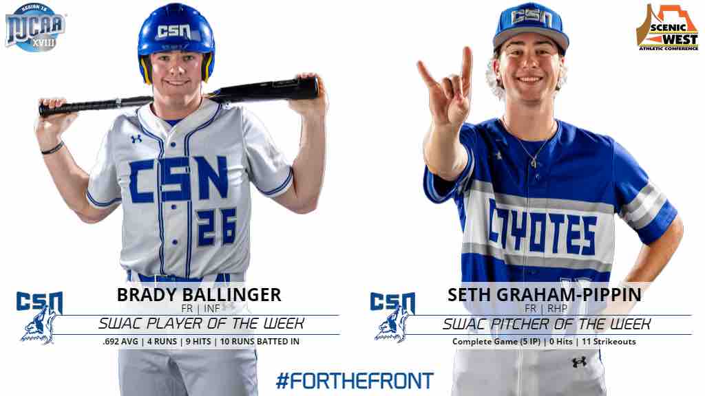 CSN_Baseball's tweet image. Shoutout to our guys Brady Ballinger &amp;amp; Seth Graham-Pippin for earning SWAC Player and Pitcher of the Week. Brady was an impossible out at the dish, posting a .692 AVG with 10 RBI’s &amp;amp; 9H. SGP was electric on the bump, firing an 11K, no-hit complete game victory‼️
🐺⚾️ #ForTheFront